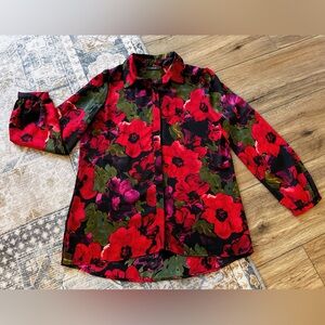 Apt 9 Vibrant Floral Hibiscus Poppy Button Down Blouse Top Sz Large